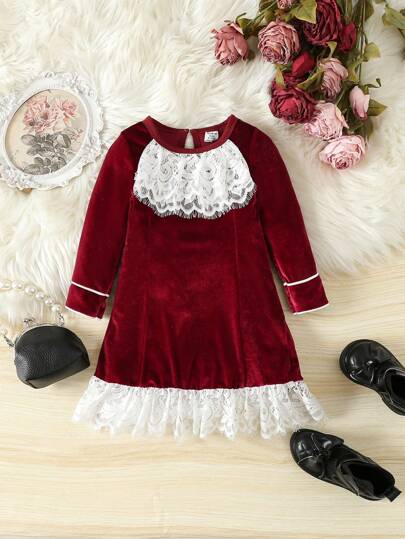 Baby Girl Contrast Lace Ruffle Hem Velvet Dress