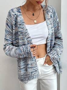 SHEIN Frenchy Space Dye Raglan Sleeve Open Front Distressed Cardigan - Blue - View 3