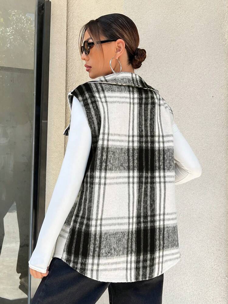 Plaid Print Flap Pocket Vest Overcoat