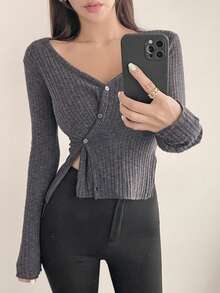 DAZY 前開襟分割式t恤 - 灰色 - 查看 8