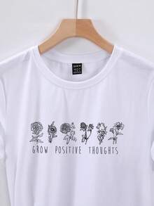 SHEIN Essnce Floral & Letter Graphic Tee - White - View 3