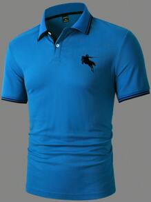 Manfinity Homme Men Horse Print Striped Trim Polo Shirt - Blue - View 4