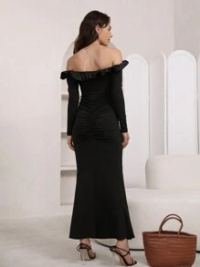 SHEIN Privé Off Shoulder Ruffle Trim Ruched Mermaid Hem Dress