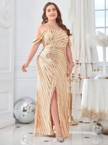 Plus Cold Shoulder Split Thigh Sequin Formal Dress - Champagne - View 4