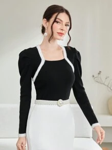 Modelyn 撞色滚边羊腿袖针织套头衫秋冬毛衣 - 黑色 - 查看 4