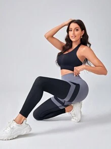 Easithlete Khối màu Thắt lưng băng rộng Quần Xà cạp thể thao - Màu Hồng Tươi - Xem 4