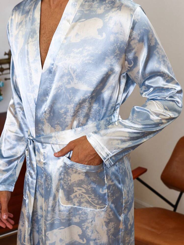 Men Floral Print Dual Pockets Belted Sleep Robe