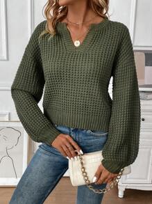 SHEIN LUNE Notched Neckline Drop Shoulder Knit Pullover Fall Winter Sweater - Green - View 6