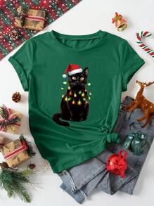 INAWLY Christmas Cat Print Tee