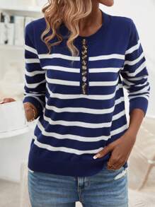 SHEIN LUNE Striped Pattern Half Button Knit Pullover Fall Winter Sweater - Multicolor - View 5