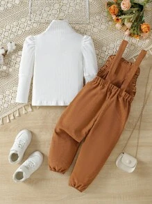 SHEIN Young Girl Floral Embroidery Ruffle Trim Overall Jumpsuit & Gigot Sleeve Tee - Brown - View 2
