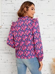 SHEIN Frenchy Allover Floral Print Ruffle Trim Lantern Sleeve Blouse - Hot Pink - View 2