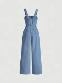 SHEIN MOD Chất rắn Túi vá quần ống rộng Pinafore Jumpsuit - Màu xanh lam - Xem 2