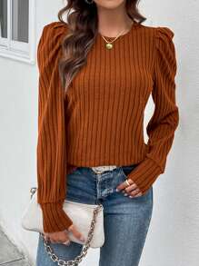 SHEIN Clasi Camiseta unicolor de manga farol tejido de canalé