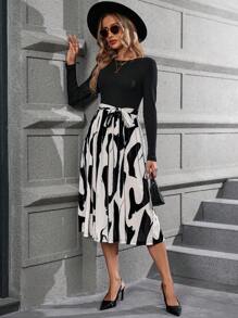 SHEIN Clasi Vestido con cinturón con estampado de dibujo - Multicolor - Ver 3