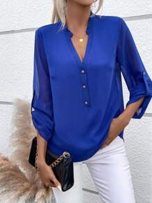 SHEIN LUNE Roll Tab Sleeve Half Button Blouse - Blue - View 1