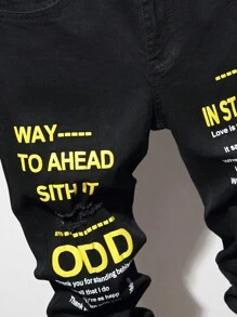 Manfinity Homme Nam Quần jean rách Bông Đồ họa Khẩu hiệu - màu đen - Xem 5