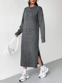 Muchica 女士休闲宽松针织连衣裙，圆领，落肩设计，长袖，侧开衩下摆，适合秋冬季穿着。 - 深灰色 - 查看 5