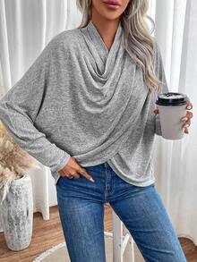 SHEIN LUNE cổ áo xếp nếp tay cánh Áo thun Wrap - Xám - Xem 6