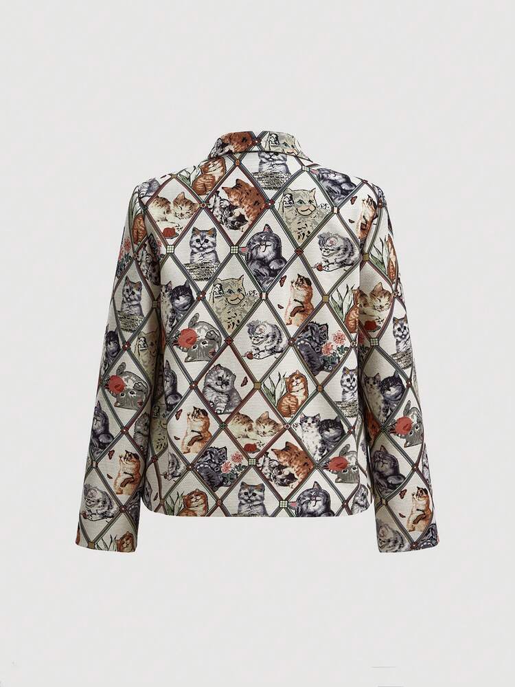 Cat Print Open Front Blazer