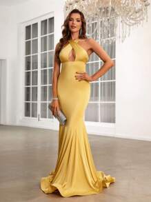 SHEIN Belle Crisscross Front Mermaid Hem Formal Dress - Yellow - View 3