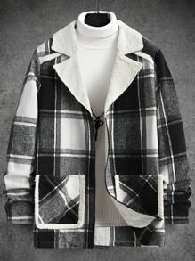 Manfinity Homme Loose Fit Men's Plaid Print Zip Up Overcoat With Double Pockets And Thermal Lining - Multicolor - View 7