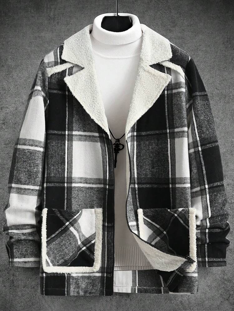 Loose Fit Men's Plaid Print Zip Up Overcoat With Double Pockets And Thermal Lining