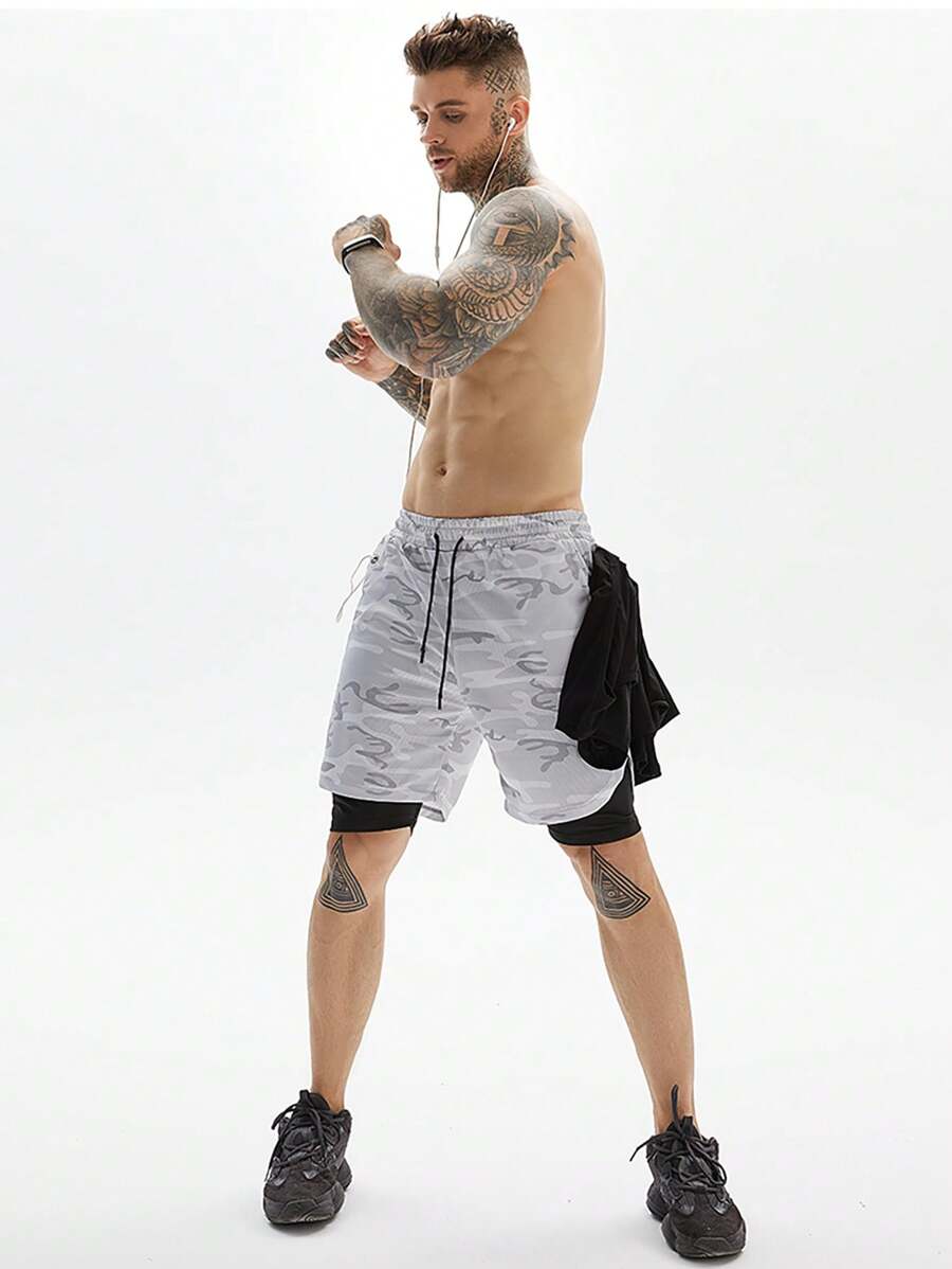 Men Camo Print Drawstring Waist 2 In 1 Sports Shorts With Phone Pocket - Light Grey - View 1