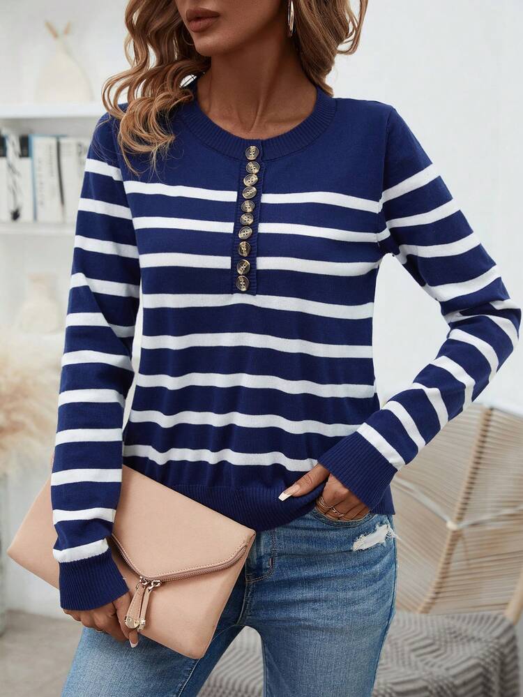 Striped Pattern Half Button Knit Pullover Fall Winter Sweater