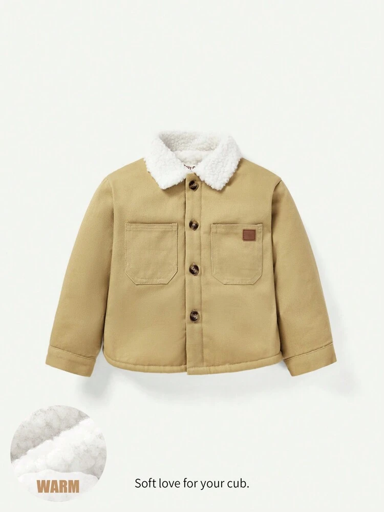 Baby Boy Patched Detail Dual Pocket Borg Collar Coat