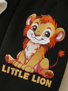 SHEIN 寶寶男孩2入組休閒街頭風格獅印長袖上衣和褲套裝,適合秋冬戶外活動