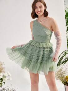 Enchnt Vestido de un hombro bajo con fruncido de malla