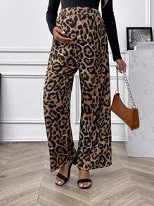 SHEIN Maternity Leopard Print Elastic Waist Wide Leg Pants - Multicolor - View 5