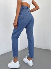 SHEIN Cottnline High Waist Ripped Mom Fit Jeans - 藍色 - 查看 2