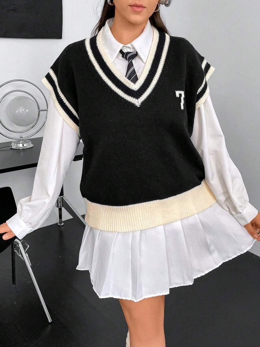 Flirla Hơn Mẫu chữ Sọc trang trí Áo len vest Không có áo lót - Đen và trắng - Xem 1