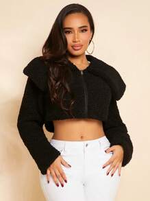 SHEIN SXY 誇大領口短款毛絨夾克 - 黑色 - 查看 1