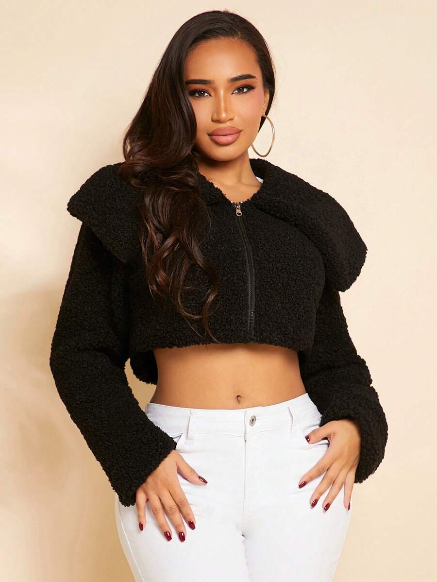 SHEIN SXY 誇大領口短款毛絨夾克 - 黑色 - 查看 1