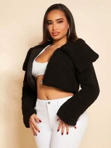 SHEIN SXY 誇大領口短款毛絨夾克 - 黑色 - 查看 5
