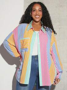 SHEIN CURVE+ 大碼條紋印花落肩袖襯衫 - 彩色 - 查看 1