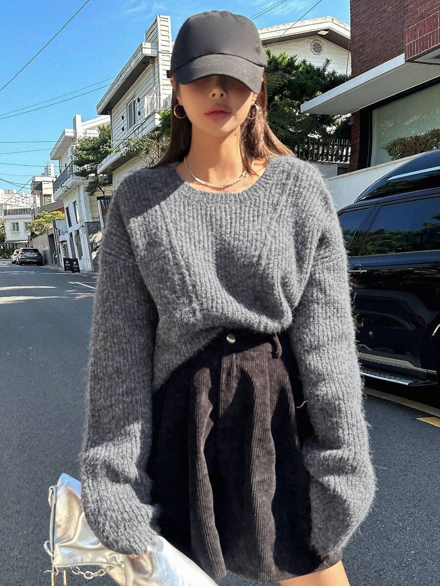 Dazy Star Solid Drop Shoulder Sweater,Fall Clothes - Grey - View 1