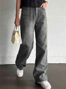 DAZY Slant Pocket Straight Leg Jeans - Dark Grey - View 5