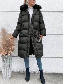 Chiquease 毛绒装饰连帽加厚棉服外套冬季 - 黑色 - 查看 3