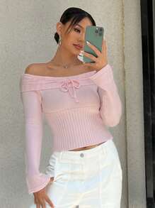 SHEIN Unity Tie Front Foldover Off Shoulder Crop Sweater,Long Sleeve Tops Knit Pullover Fall Winter Sweater - Pink - View 3
