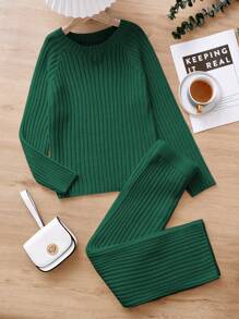 SHEIN Tween Girl Solid Ribbed Knit Raglan Sleeve Sweater & Knit Pants - Dark Green - View 1