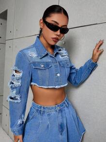SHEIN ICON Cazadora mezclilla crop desgarro bajo crudo con diseño de solapa - Lavado ligero - Ver 3