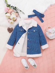 SHEIN Infant Girls' Casual Thermal Lined Long Coat With Lapel Collar And Belt
