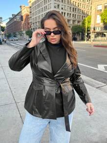 SHEIN Privé Plus Peak Collar PU Leather Belted Blazer - Black - View 5