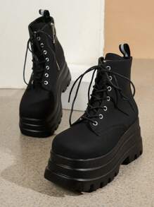 Women Wedge Boots, Lace-up Front Punk Boots Black - Black - View 3