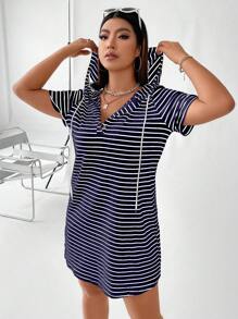 Flirla 夏季加大条纹抽绳连帽 T 恤连衣裙 - 藍色 - 查看 6