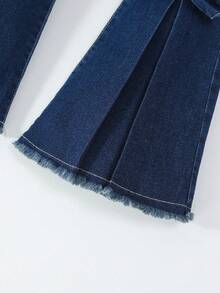 Young Girl Butterfly Embroidery Bow Front Flare Leg Jeans - Dark Wash - View 7